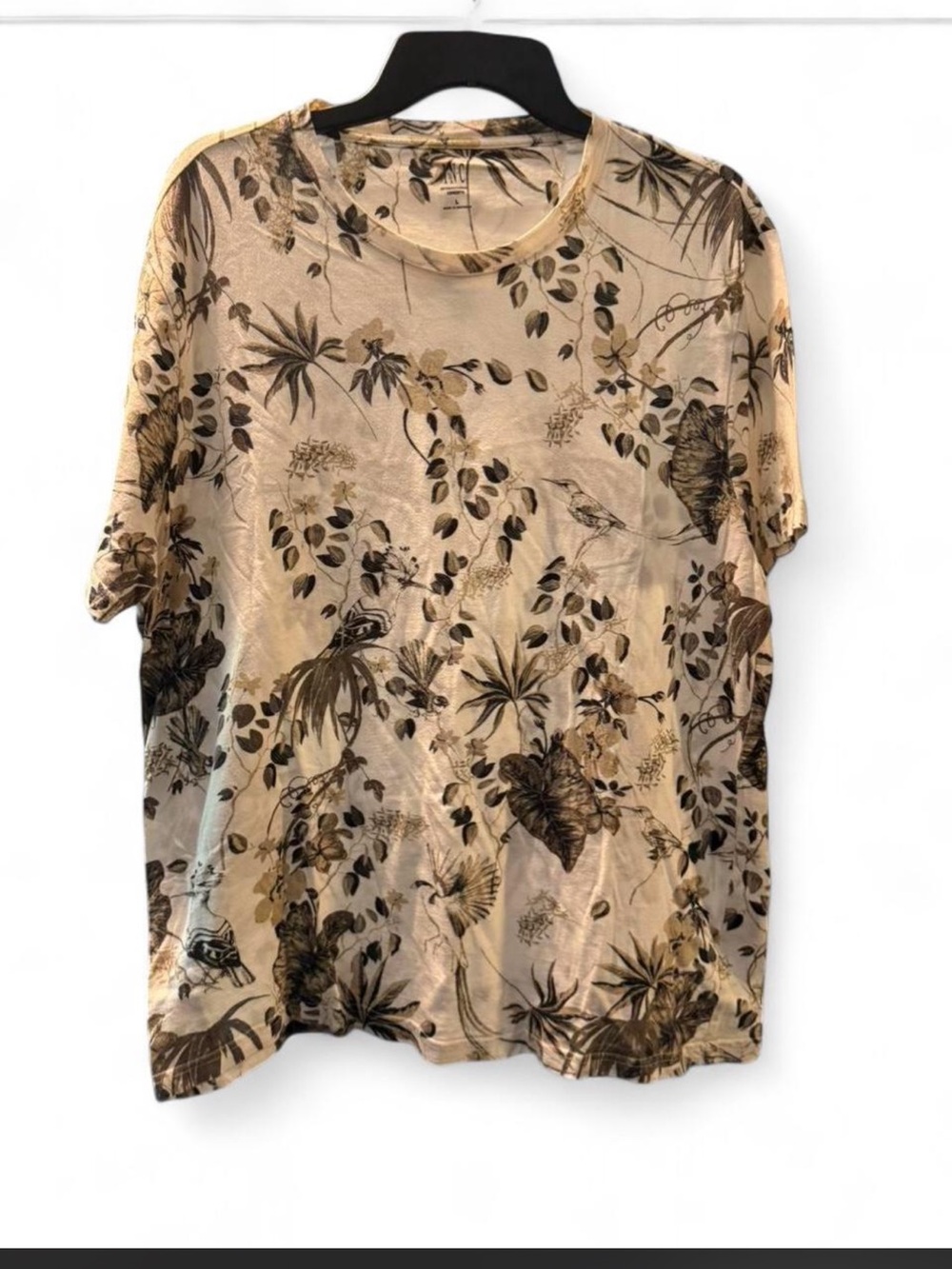 INC International Concepts Beige Short Sleeve Floral-Print Tee (botanical)